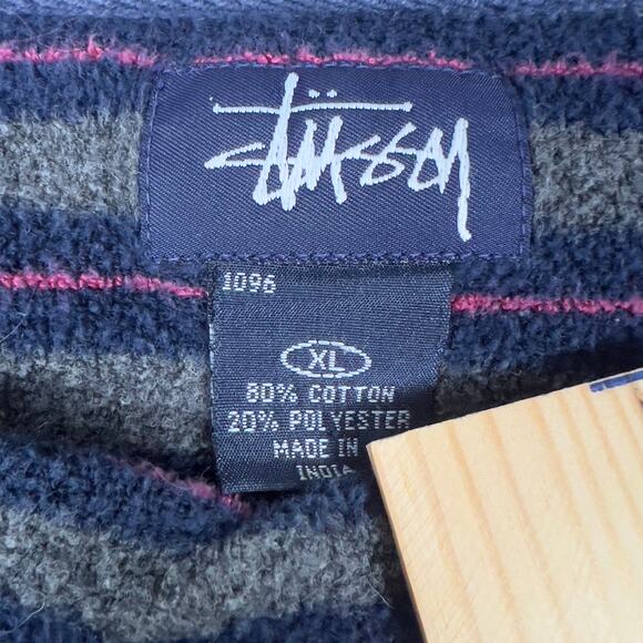 Striped Stüssy Stussy Pullover Shirt Size XL Fleece Long Sleeve Gray Blue & Pink - Picture 4 of 5
